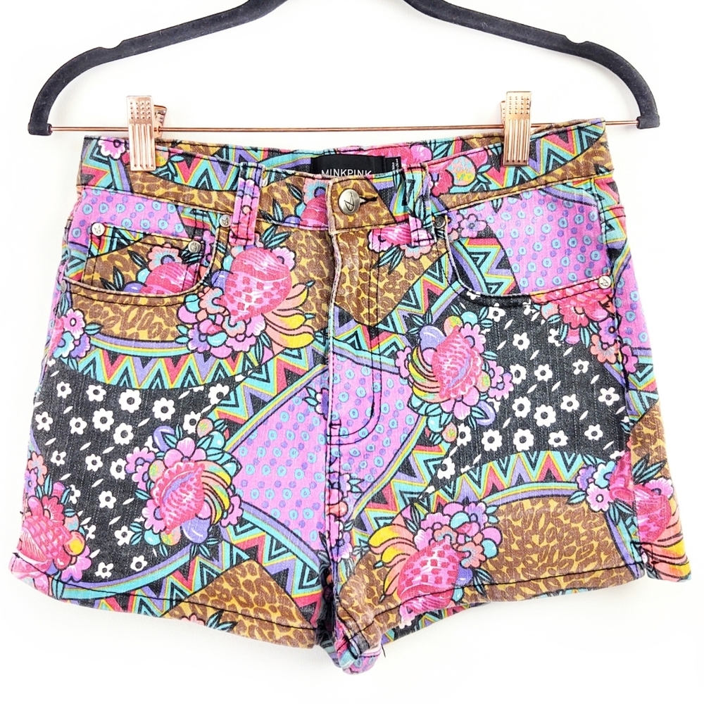 MinkPink Denim Shorts Pink Patchwork Floral Cheeky Booty Shorts Size Medium